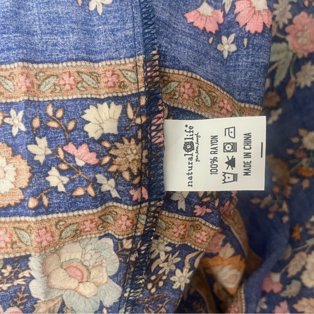 NATURAL LIFE Tricia Mini Dress Cotton Blue Yellow Rose Floral Boho Spring L- EUC - Picture 12 of 12
